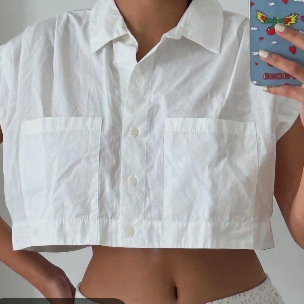 #40 ZARA White Button-Up Boxy Cropped Shirt XS P2P20 L16